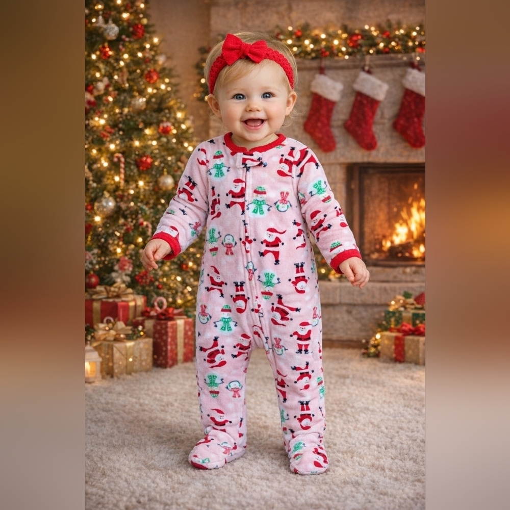 Carter's 6 Month Fleece Pink Holiday Santa Snowman Pajama Bodysuit